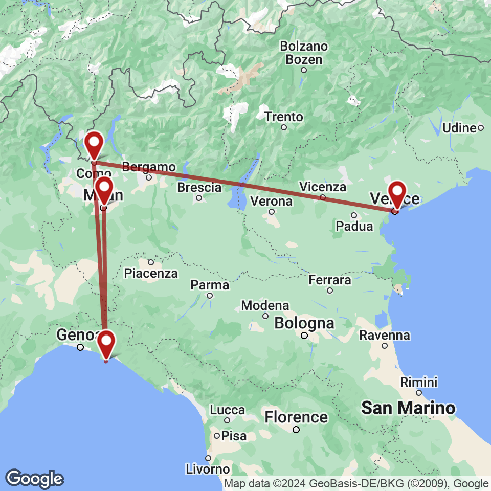 Route for Venice, Como, Portofino, Milan tour